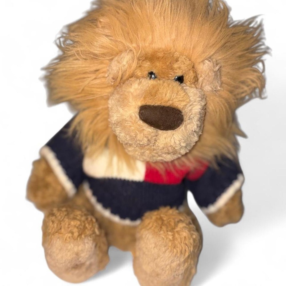 Vtg Gund Lion plush toy with navy blue, white, and red striped‎ sweater